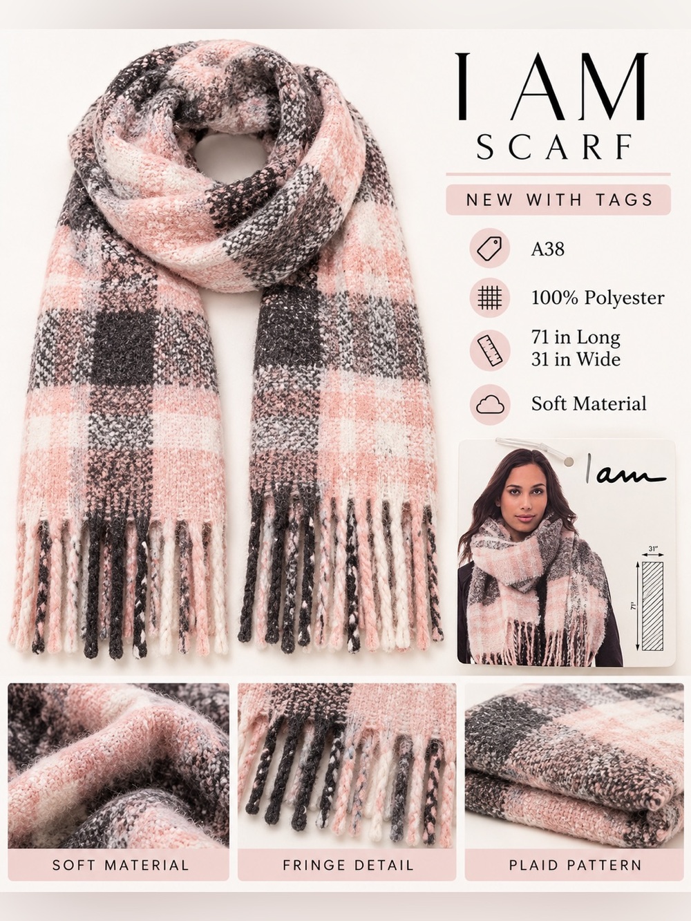 I AM PLAID OVERSIZED SCARF – PINK MULTI (NEW WITH TAGS) A38